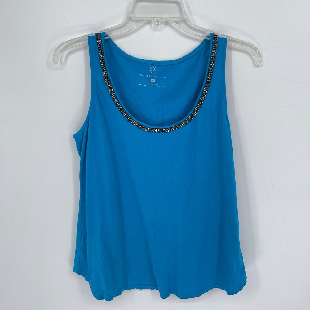 NY&C Women's Blue Rhinestone Embellished Scoop Neck Tank Top Size Medium